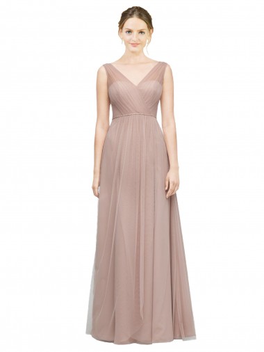 Blush Linea A Scollatura a V Tulle Lunga Abiti da damigella donore Siti