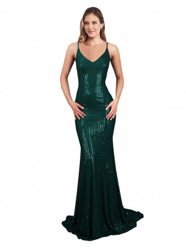 Verde Scuro Stile sirena Scollatura a V Paillettes Lunga Formali Abiti da damigella donore / Abiti da sera / Abiti da ballo Siti