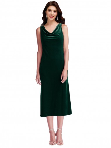 Verde Scuro Tubino Cappuccio Midi Velluto Elastico Corto Abiti da damigella donore / Abiti da ballo / Abiti da cocktail Siti